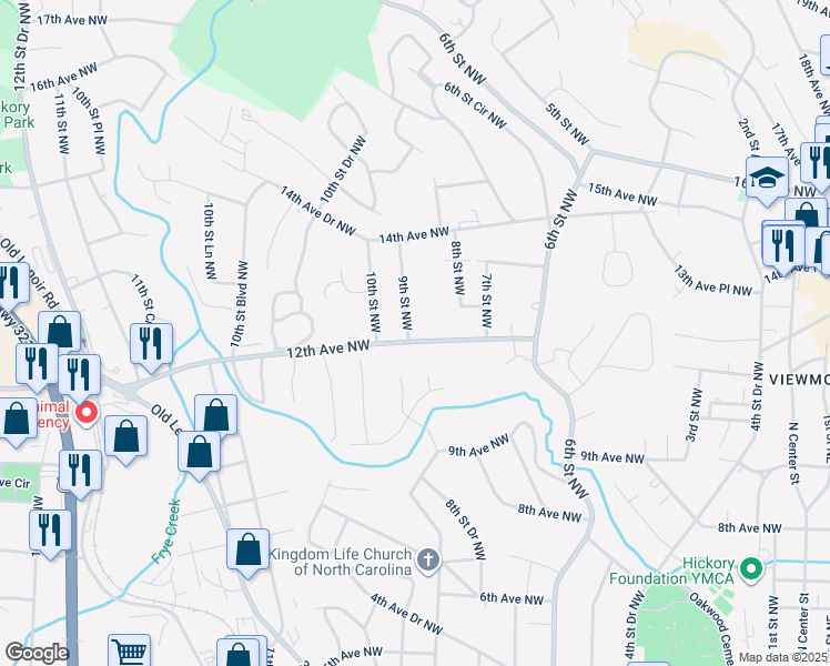 map of restaurants, bars, coffee shops, grocery stores, and more near 1206 9th Street Northwest in Hickory