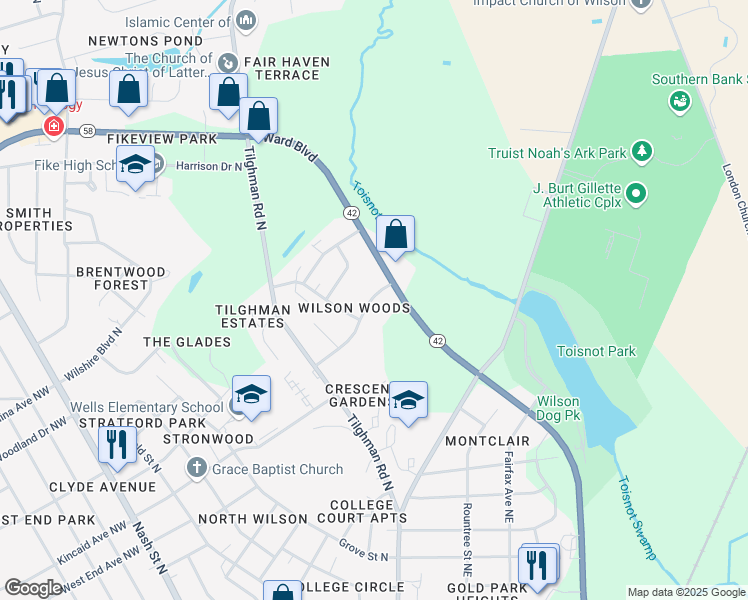 map of restaurants, bars, coffee shops, grocery stores, and more near 1705 Dartmore Drive North in Wilson