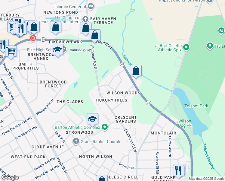 map of restaurants, bars, coffee shops, grocery stores, and more near 1601 Sussex Lane North in Wilson