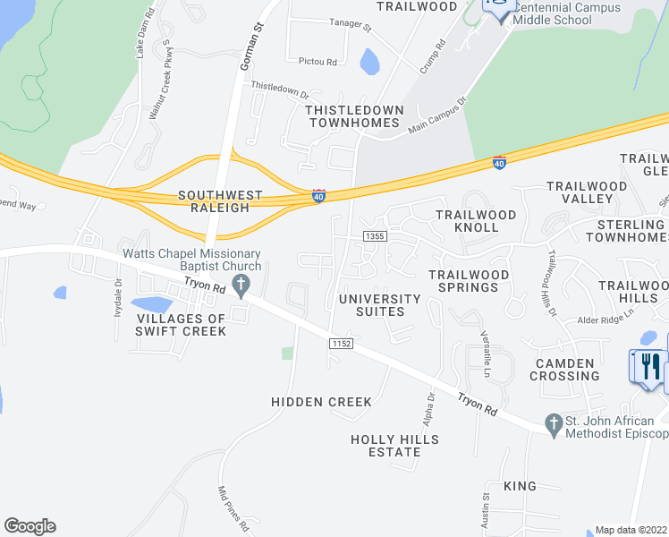 map of restaurants, bars, coffee shops, grocery stores, and more near 2011 Wolfmill Drive in Raleigh