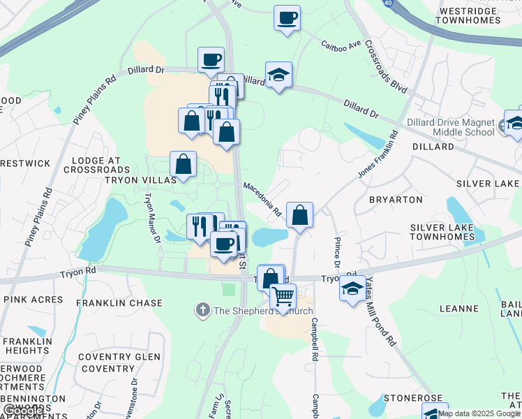 map of restaurants, bars, coffee shops, grocery stores, and more near 2714 Macedonia Road in Cary