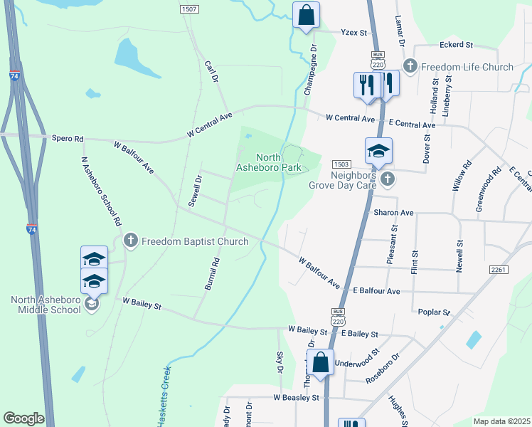 map of restaurants, bars, coffee shops, grocery stores, and more near 1818 Saddlewood Court in Asheboro