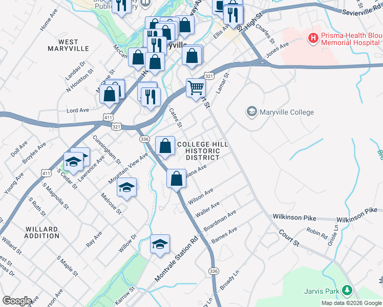 map of restaurants, bars, coffee shops, grocery stores, and more near 708 Cates Street in Maryville