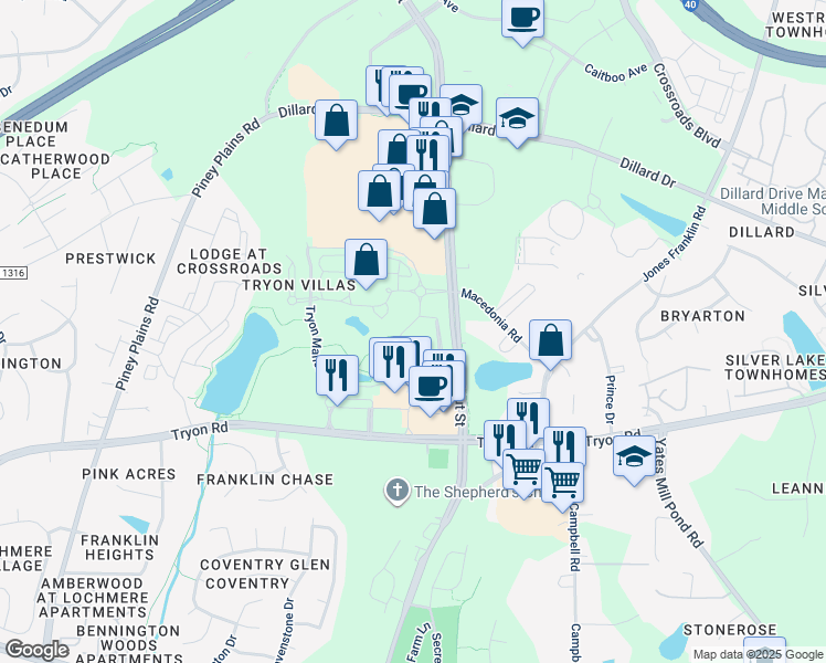 map of restaurants, bars, coffee shops, grocery stores, and more near 8726 Macedonia Lake Drive in Cary