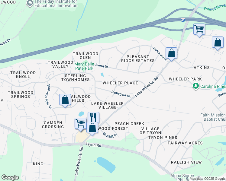 map of restaurants, bars, coffee shops, grocery stores, and more near 2100 Ramsgate Street in Raleigh