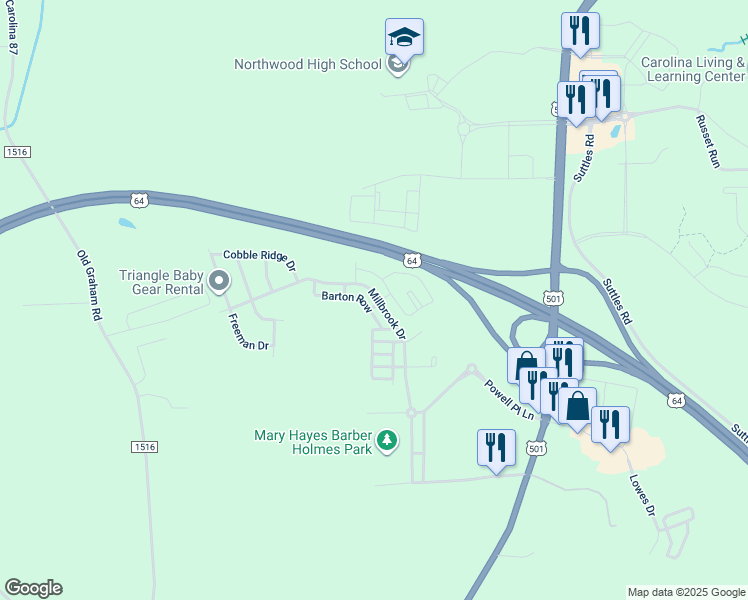 map of restaurants, bars, coffee shops, grocery stores, and more near 537 Millbrook Drive in Pittsboro