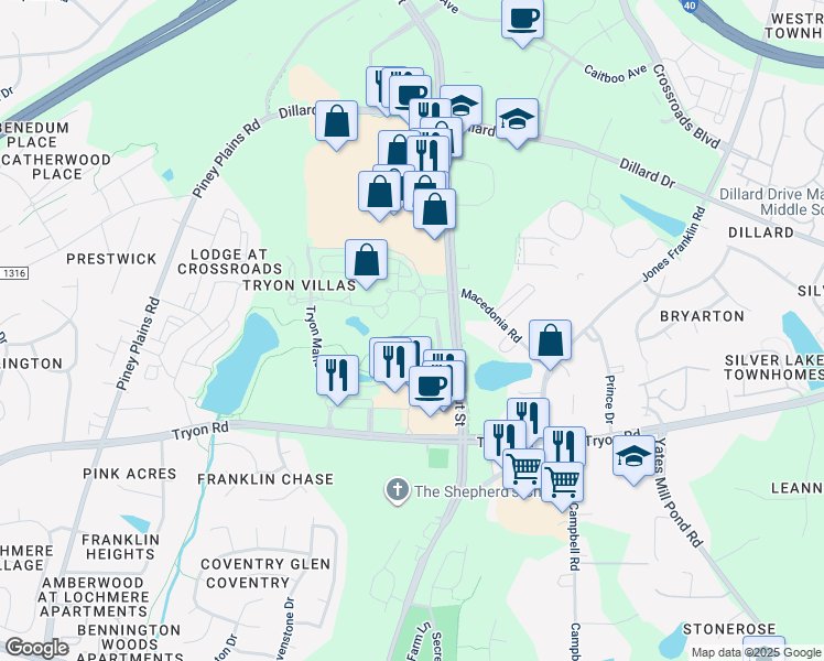 map of restaurants, bars, coffee shops, grocery stores, and more near 8726 Macedonia Lake Drive in Cary