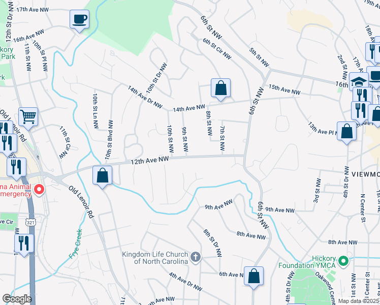 map of restaurants, bars, coffee shops, grocery stores, and more near 1206 9th Street Northwest in Hickory