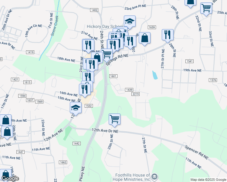 map of restaurants, bars, coffee shops, grocery stores, and more near 2414 18th Avenue Northeast in Hickory