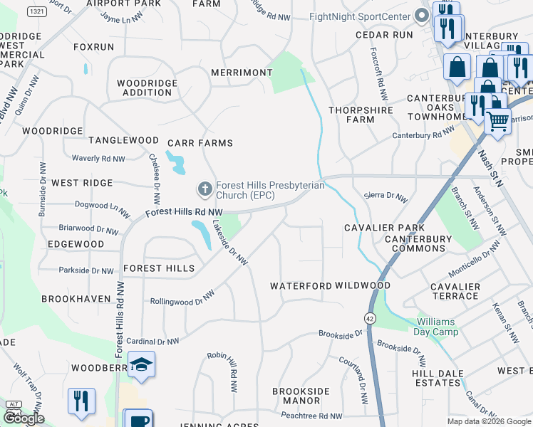 map of restaurants, bars, coffee shops, grocery stores, and more near 903 Forest Hills Road Northwest in Wilson