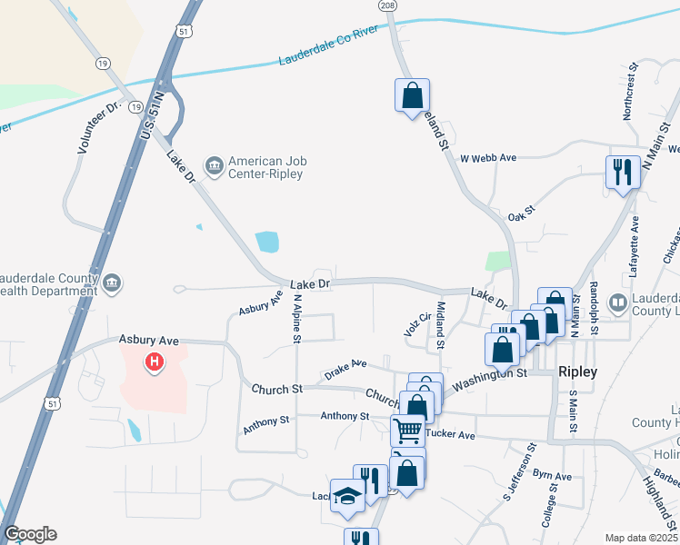 map of restaurants, bars, coffee shops, grocery stores, and more near 237 Lake Drive in Ripley
