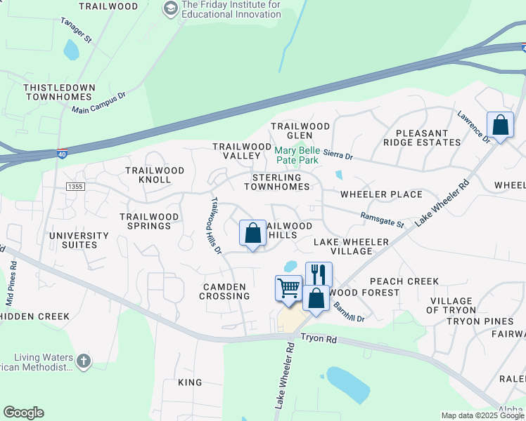 map of restaurants, bars, coffee shops, grocery stores, and more near 2308 Horizon Hike Court in Raleigh