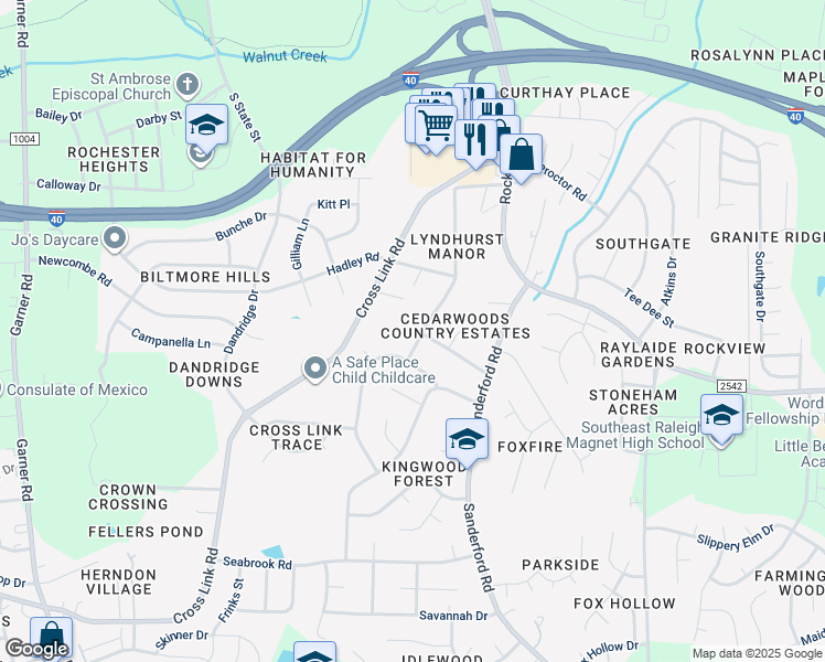 map of restaurants, bars, coffee shops, grocery stores, and more near 2300 Lyndhurst Drive in Raleigh