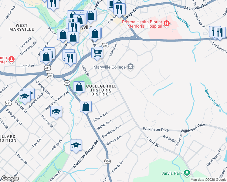 map of restaurants, bars, coffee shops, grocery stores, and more near 103 Indiana Avenue in Maryville