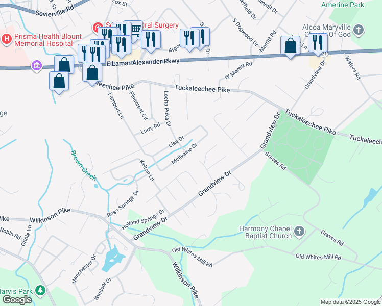 map of restaurants, bars, coffee shops, grocery stores, and more near 1609 McIlvaine Drive in Maryville