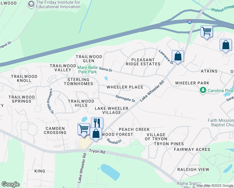 map of restaurants, bars, coffee shops, grocery stores, and more near 2100 Ramsgate Street in Raleigh
