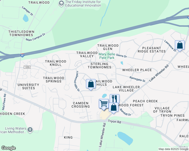map of restaurants, bars, coffee shops, grocery stores, and more near 2308 Horizon Hike Court in Raleigh