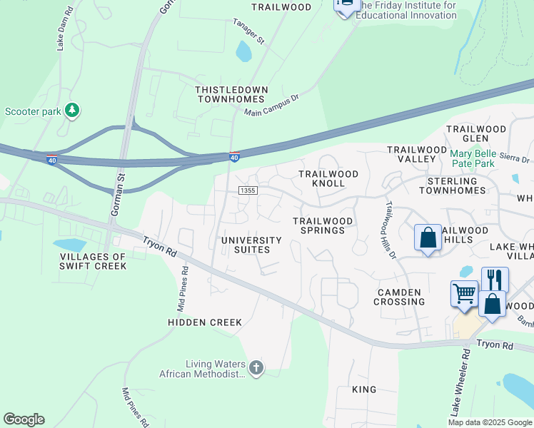 map of restaurants, bars, coffee shops, grocery stores, and more near 2301 Long and Winding Road in Raleigh