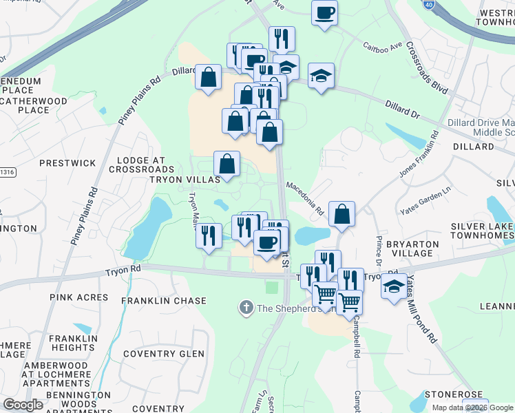 map of restaurants, bars, coffee shops, grocery stores, and more near 8735 Macedonia Lake Drive in Cary