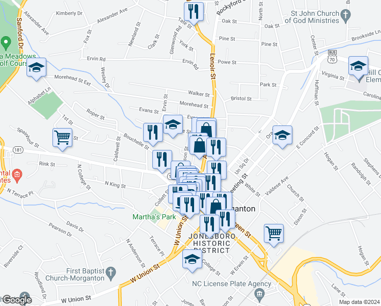 map of restaurants, bars, coffee shops, grocery stores, and more near 300 Patterson Street in Morganton