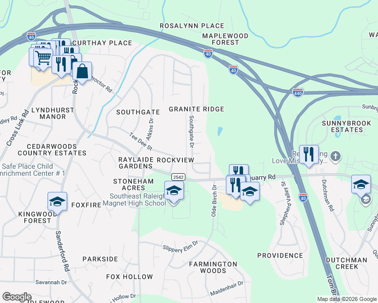 map of restaurants, bars, coffee shops, grocery stores, and more near 829 Southgate Drive in Raleigh
