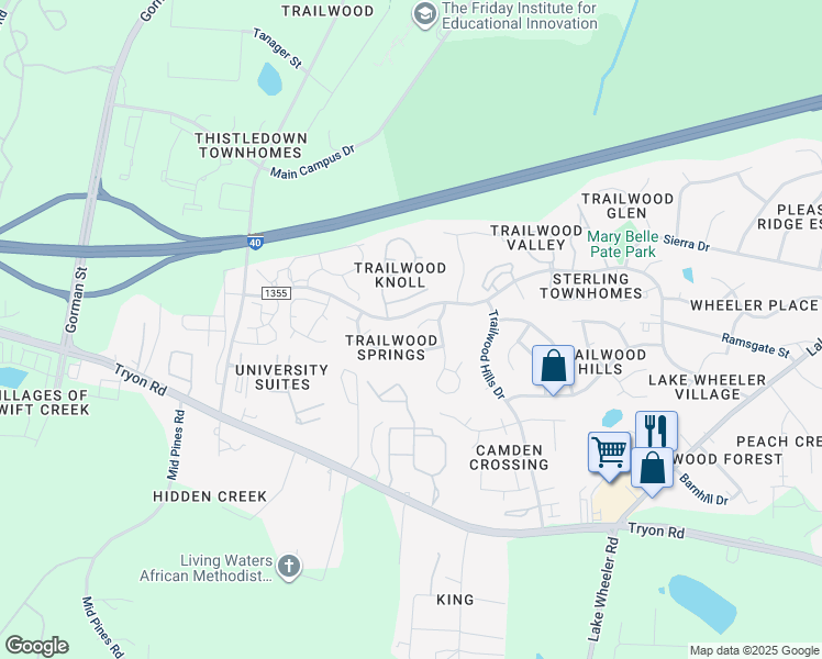map of restaurants, bars, coffee shops, grocery stores, and more near 2824 Clerkenwell Way in Raleigh