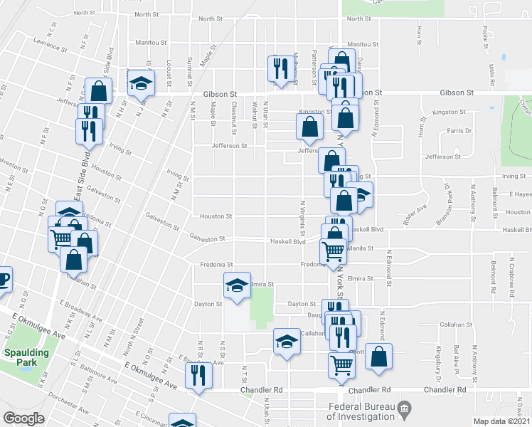 map of restaurants, bars, coffee shops, grocery stores, and more near 1702 Houston Street in Muskogee