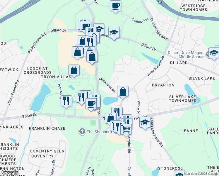 map of restaurants, bars, coffee shops, grocery stores, and more near 2714 Macedonia Road in Cary