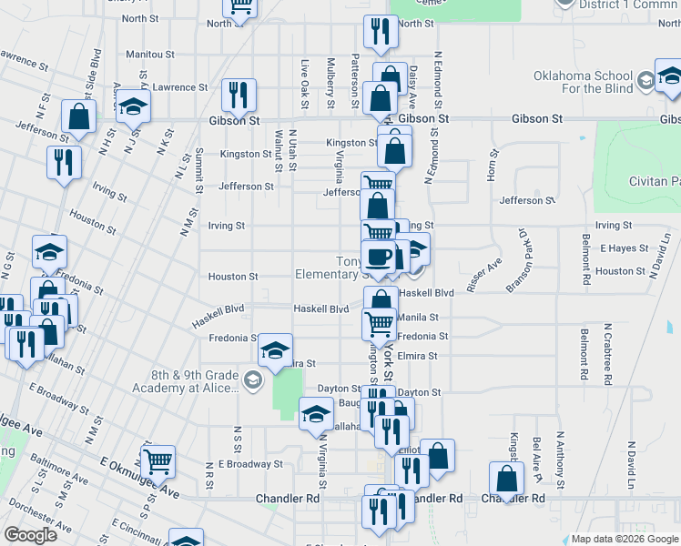 map of restaurants, bars, coffee shops, grocery stores, and more near 1824 Houston Street in Muskogee
