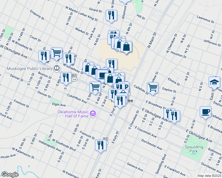 map of restaurants, bars, coffee shops, grocery stores, and more near 119 North 3rd Street in Muskogee