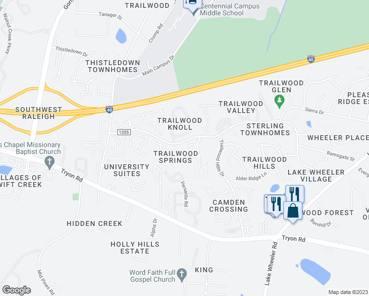 map of restaurants, bars, coffee shops, grocery stores, and more near 2824 Clerkenwell Way in Raleigh