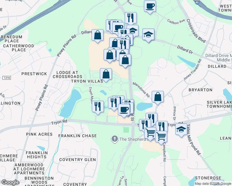 map of restaurants, bars, coffee shops, grocery stores, and more near 8721 Macedonia Lake Drive in Cary