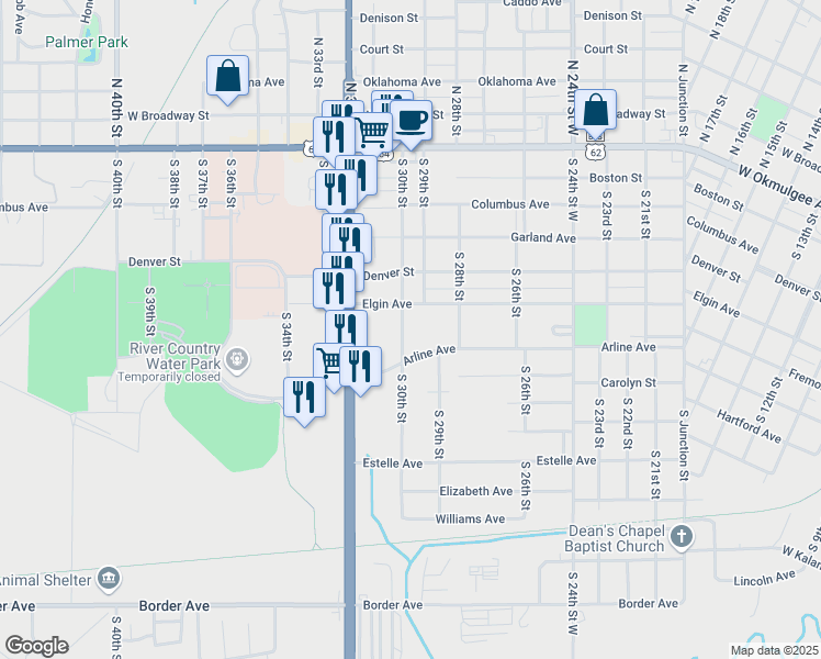 map of restaurants, bars, coffee shops, grocery stores, and more near 604 South 30th Street in Muskogee