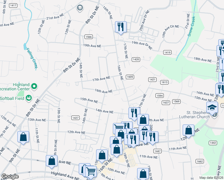 map of restaurants, bars, coffee shops, grocery stores, and more near 1611 15th Street Northeast in Hickory