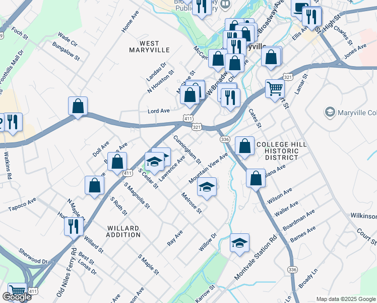 map of restaurants, bars, coffee shops, grocery stores, and more near 217 Cunningham Street in Maryville