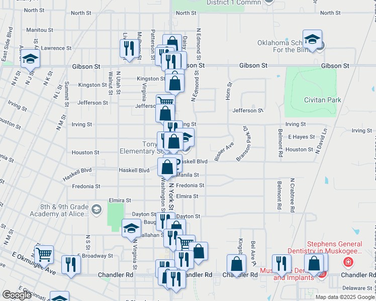 map of restaurants, bars, coffee shops, grocery stores, and more near 2412 Haskell Boulevard in Muskogee