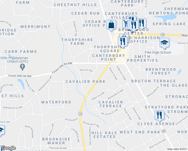 map of restaurants, bars, coffee shops, grocery stores, and more near 2545 Ward Boulevard in Wilson