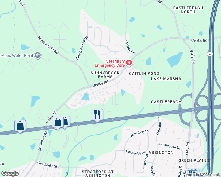 map of restaurants, bars, coffee shops, grocery stores, and more near 919 Haybeck Lane in Apex