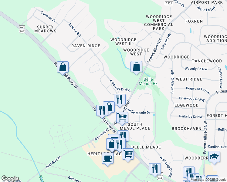 map of restaurants, bars, coffee shops, grocery stores, and more near 3701 Ashbrook Drive Northwest in Wilson