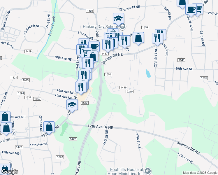 map of restaurants, bars, coffee shops, grocery stores, and more near 2414 18th Avenue Northeast in Hickory