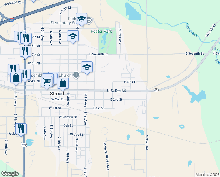map of restaurants, bars, coffee shops, grocery stores, and more near 323 East Main Street in Stroud