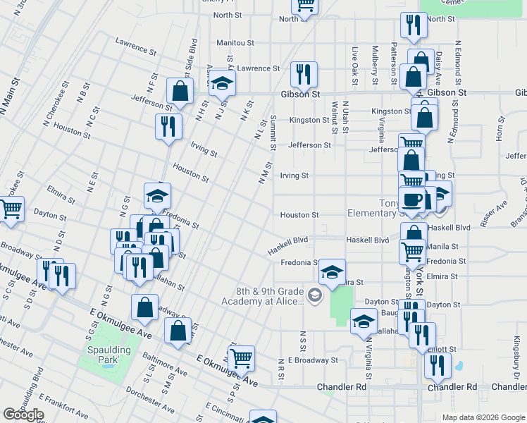 map of restaurants, bars, coffee shops, grocery stores, and more near 712 North M Street in Muskogee