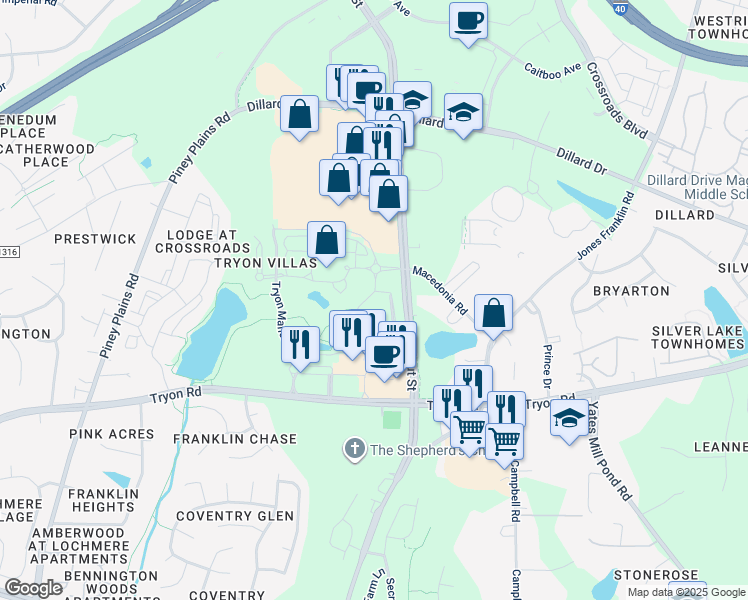 map of restaurants, bars, coffee shops, grocery stores, and more near 8734 Macedonia Lake Drive in Cary