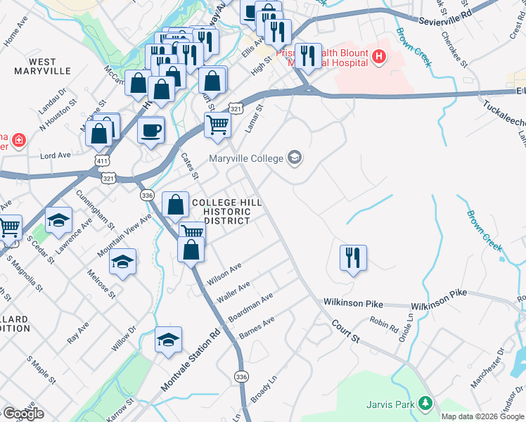 map of restaurants, bars, coffee shops, grocery stores, and more near 103 Indiana Avenue in Maryville