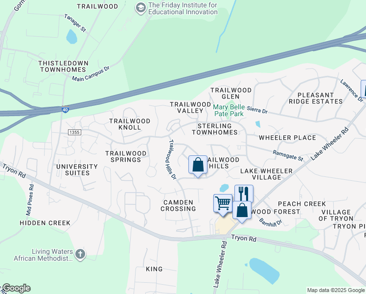 map of restaurants, bars, coffee shops, grocery stores, and more near 2312 Laurel Falls Lane in Raleigh