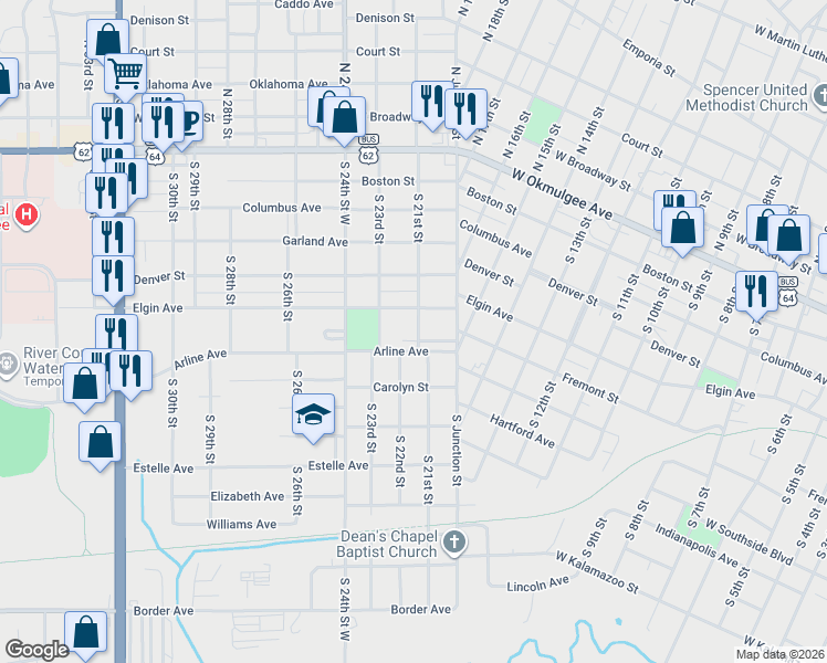 map of restaurants, bars, coffee shops, grocery stores, and more near 515 South 21st Street in Muskogee