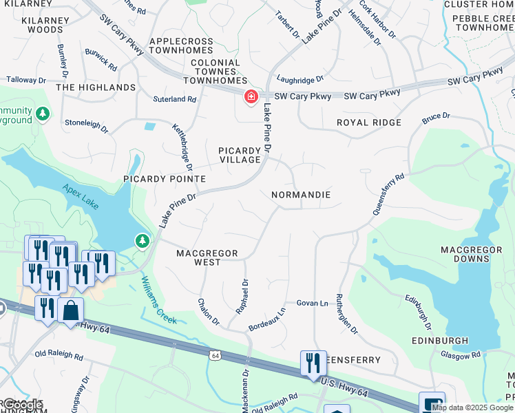 map of restaurants, bars, coffee shops, grocery stores, and more near 203 West Jules Verne Way in Cary