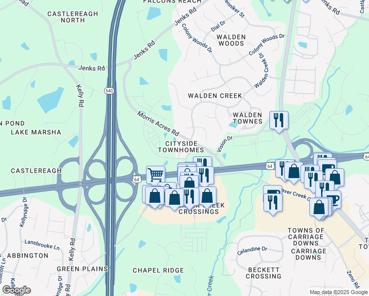 map of restaurants, bars, coffee shops, grocery stores, and more near 848 Queen City Crescent in Apex