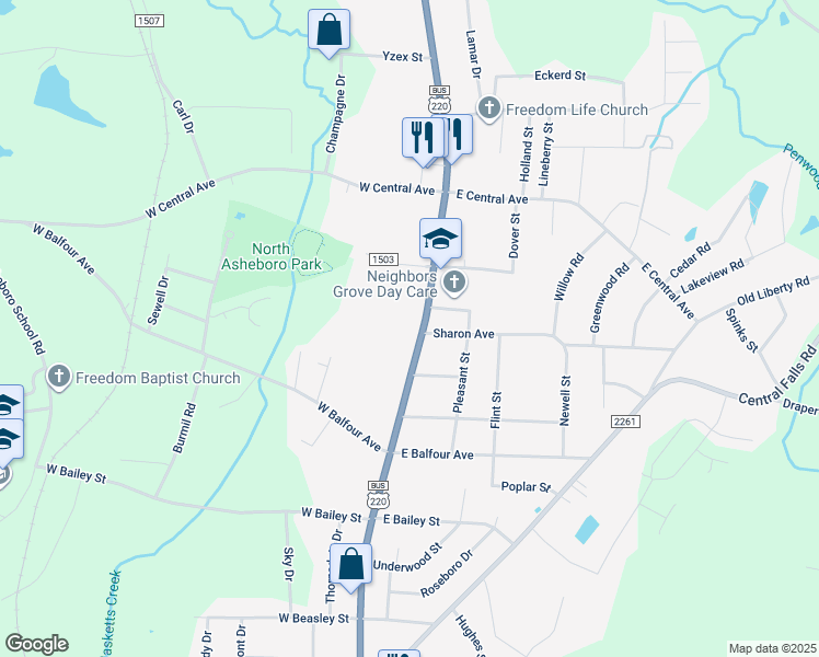 map of restaurants, bars, coffee shops, grocery stores, and more near 1904 North Fayetteville Street in Asheboro