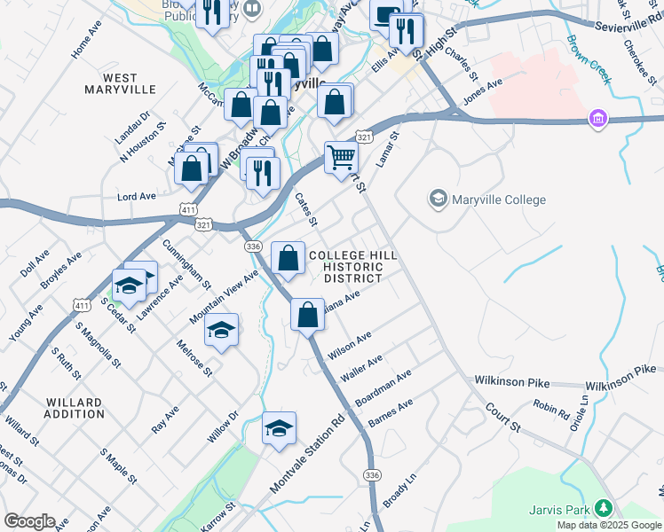 map of restaurants, bars, coffee shops, grocery stores, and more near 708 Cates Street in Maryville